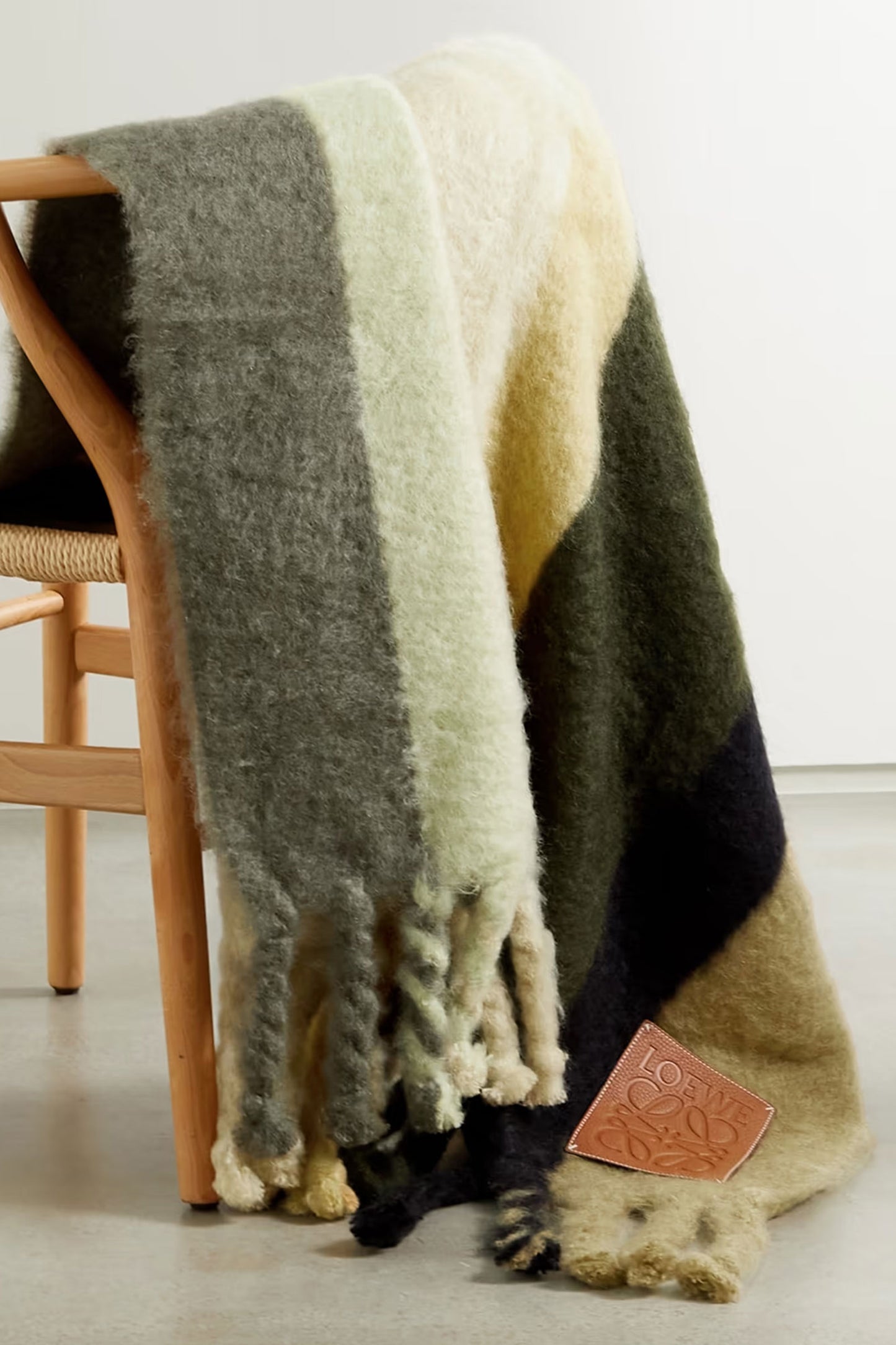 Leather-Trimmed Fringed Striped Mohair Blanket