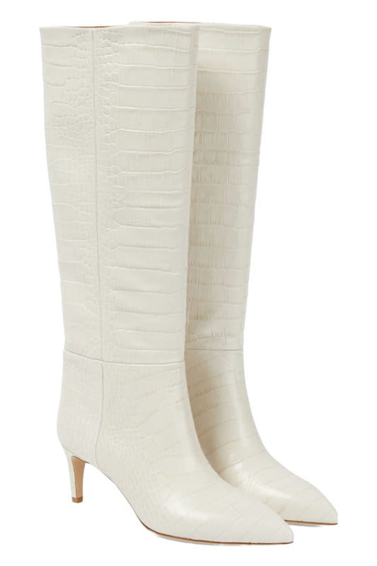 Cream Croc-effect Leather Knee-high Boots