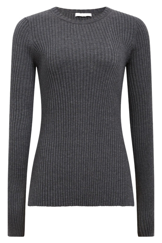 Slim Fit Grey Ribbed Crew Neck Split Sleeve Jumper