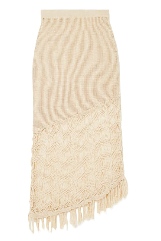 '+ NET SUSTAIN Sakari Fringed Asymmetric Crochet-knit Pima Cotton Skirt