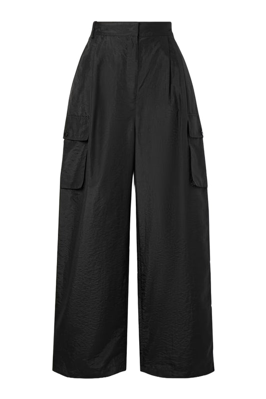 Pleated Shell Wide-Leg Cargo Pants