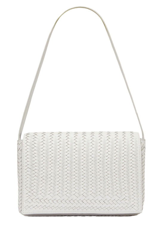 White Handwoven Leather Front Flap Shoulder Bag