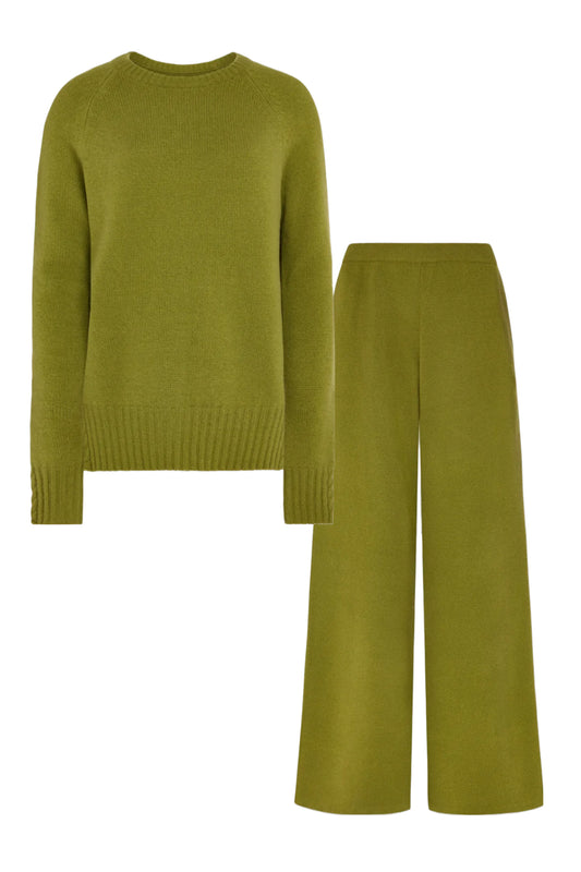 Bamboo Green Cashmere Crew Neck Sweater and Trousers